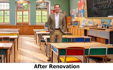 Jim Maxey standing after the classrom renovation.